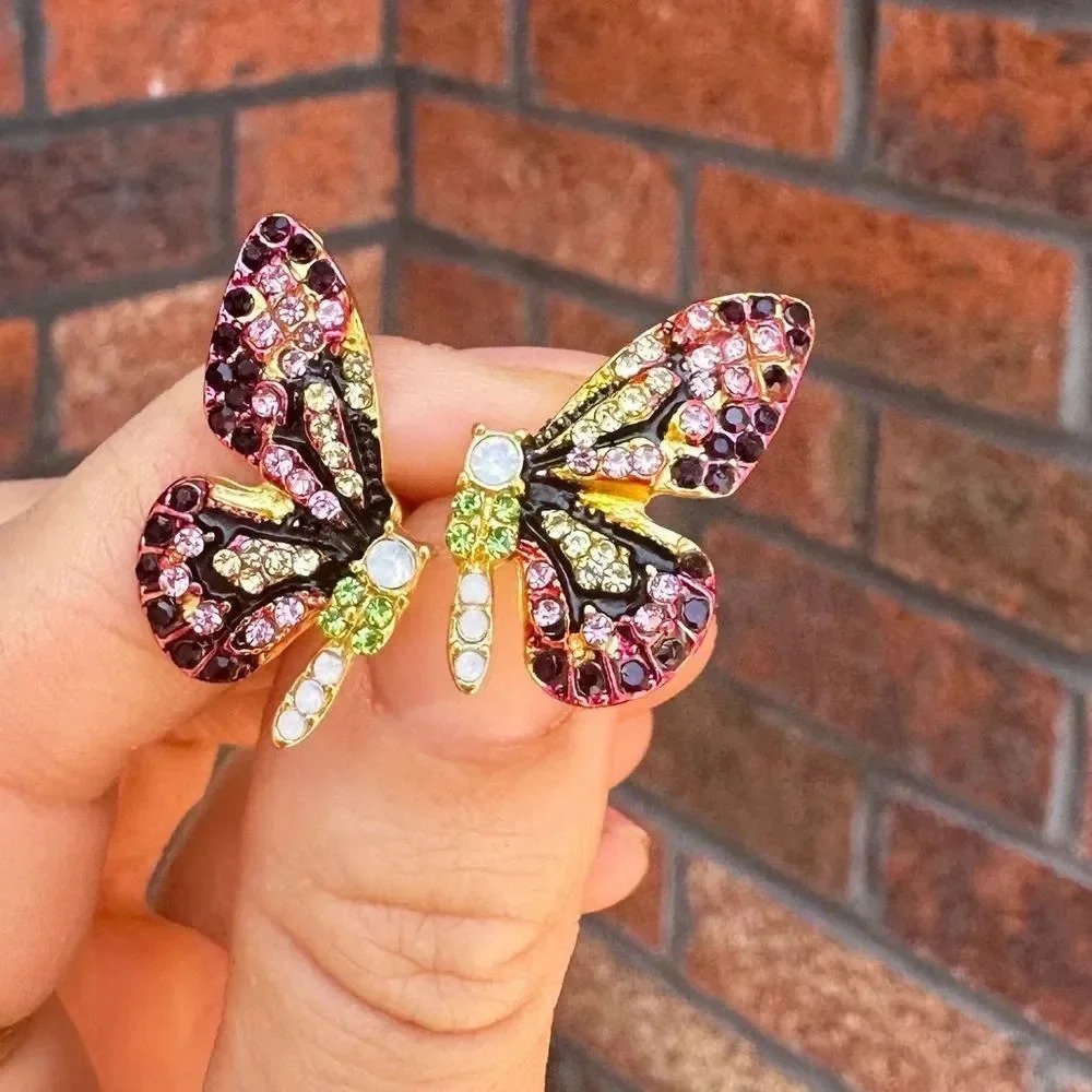 Flutterby Butterfly Pink Crystal Gold Earrings - Picture 7 of 9